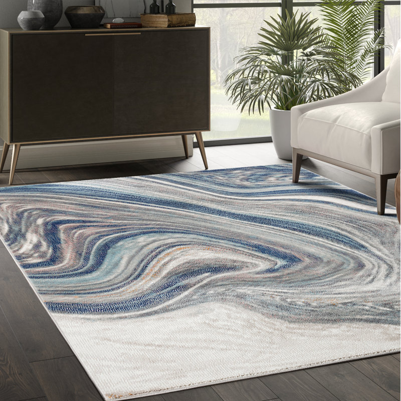 Tapis bleu/brun tissé à la machine Aerilyn, Rectangle 5 pi 3 po x 7 pi 6 po