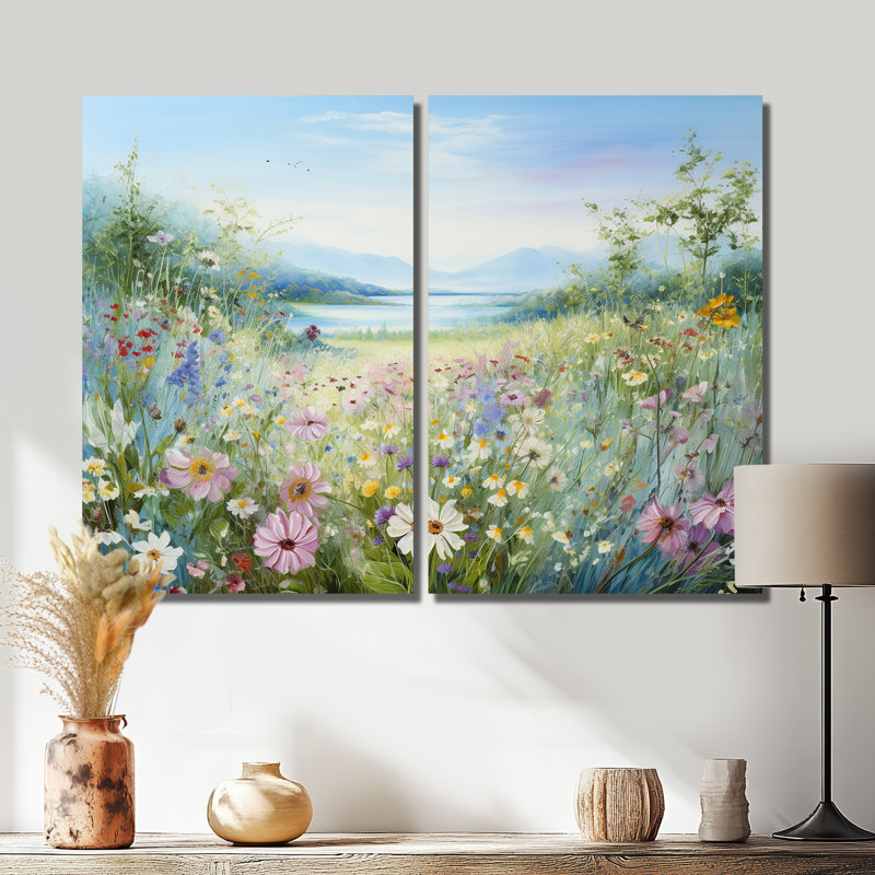 «Simplity Wreath Green Flower Field» - art mural sur toile traditionnel rose, H 36 po x l 48 po, Toile tendue