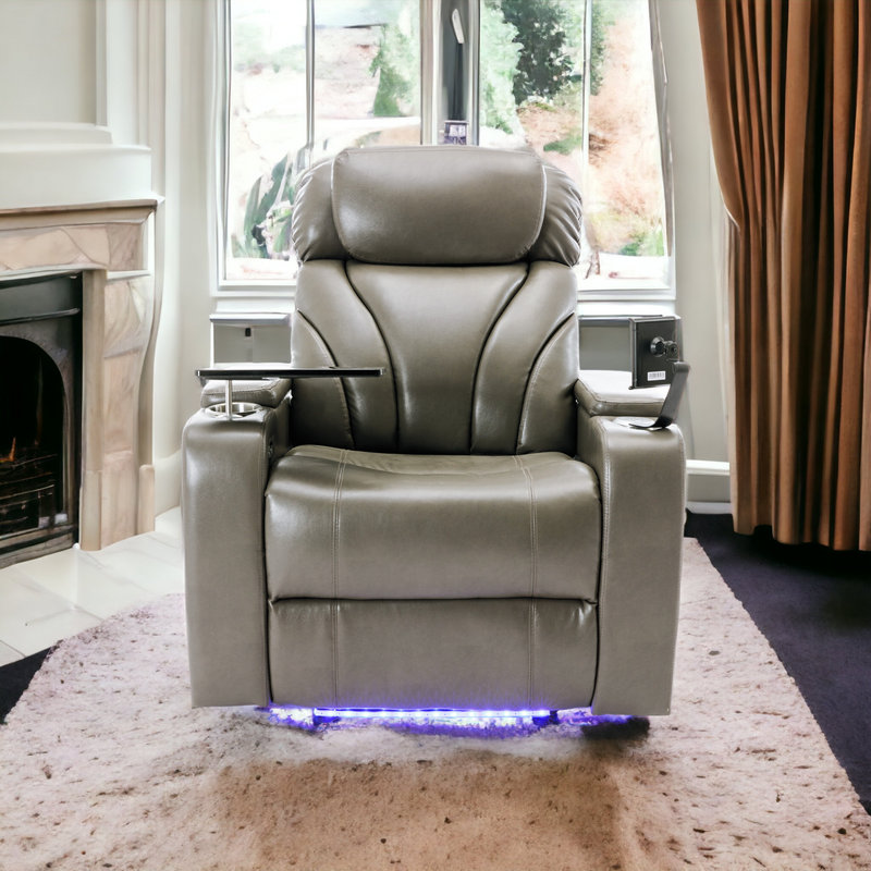 Leaon Vegan Leather Power Reclining Cinema Seat with Cup Holder, Similicuir gris