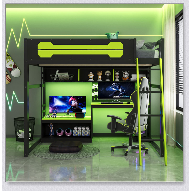 Wood Loft Bed With Desk, Shelves, LED Lights, USB Ports And Pegboard, Black/Green