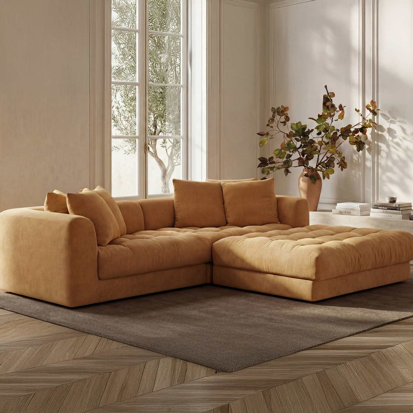Hitton Lounge Modular Sectional, Yellow Polyester, 30.7" H x 104" W x 87" D