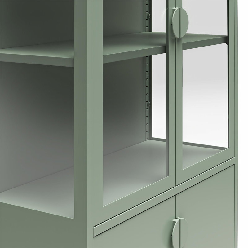 Pale Green Tall Metal Display Cabinet with Arched Glass Doors