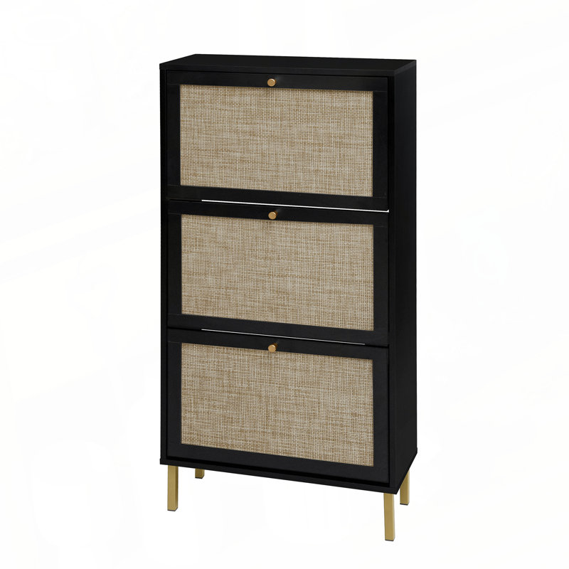 Étagère à chaussures en rotin 3 portes, armoire de rangement pour chaussures moderne autoportante, pour vestibule, Noir