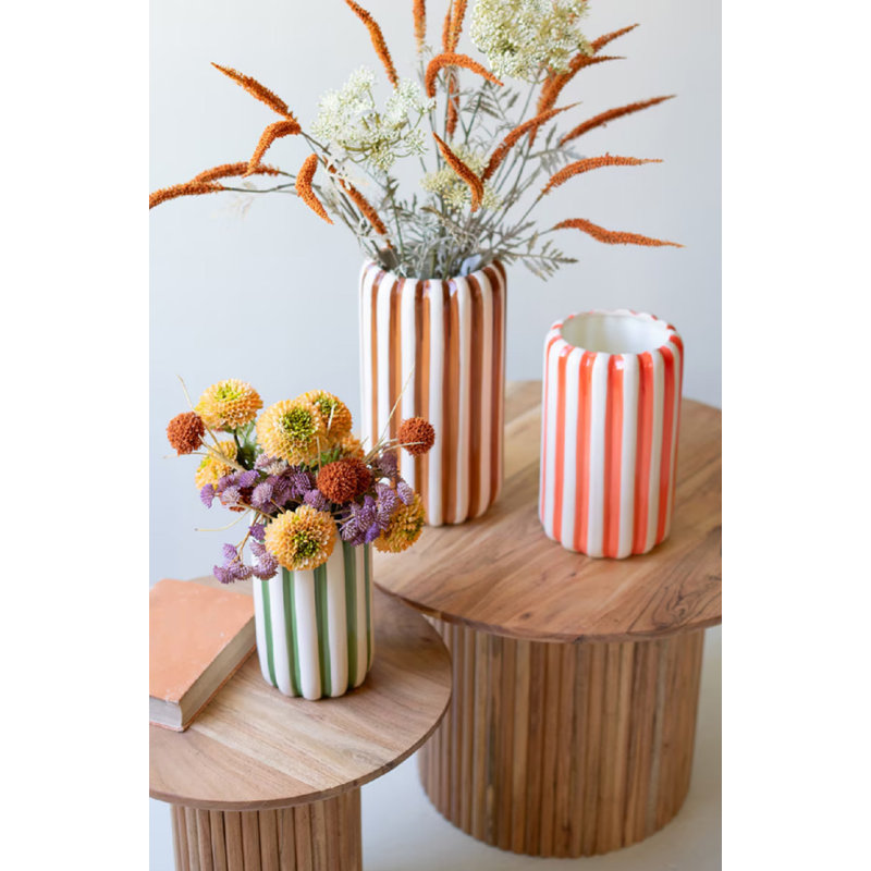 SET OF THREE CERAMIC VASES WITH VERTICAL STRIPES - ONE EACH COLOR