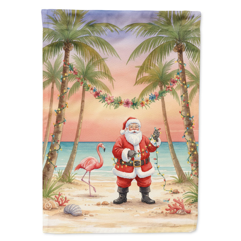 Père Noël décorant un palmier avec un drapeau de jardin, Taille du jardin, Santa Decorating Palm Tree