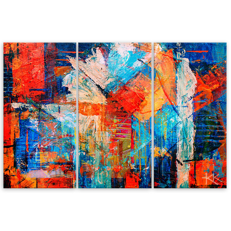 Colourful, Hand -Painted Abstract 3D Image - 3 Piece No Frame Print on Canvas, 60cm H x 90cm W