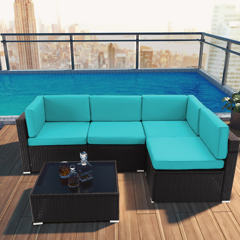 Ensemble de conversation modulaire en rotin 5 pièces avec coussins, Bleu