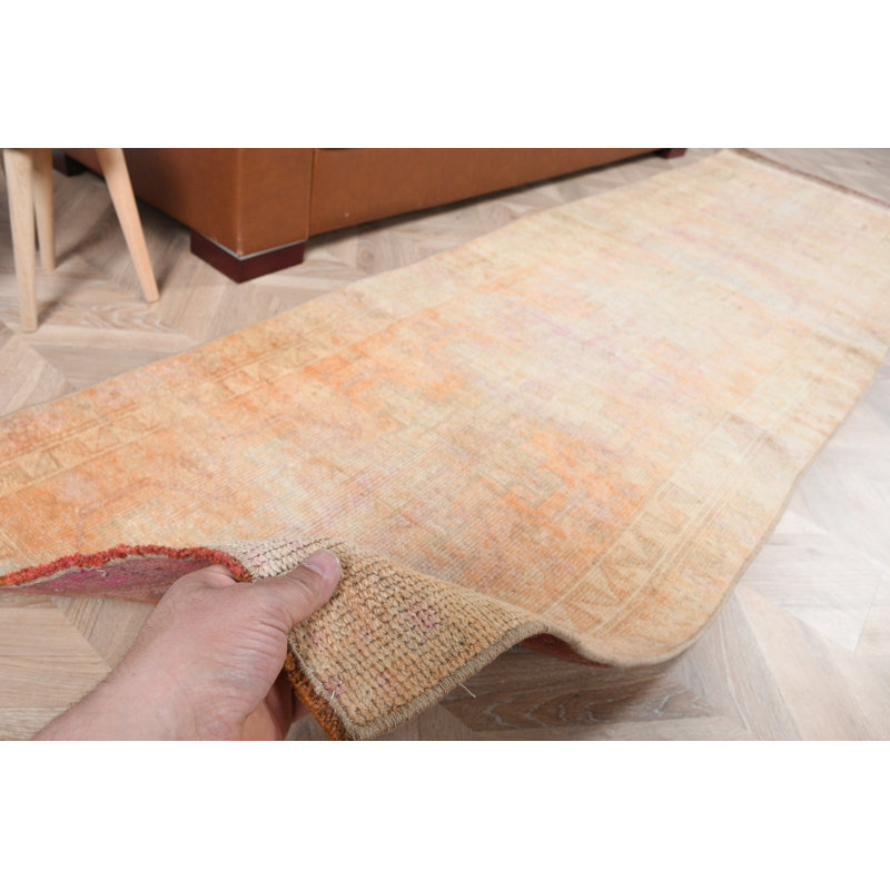 Handmade Vintage Turkish Herki Runner Rug in Orange Ideal for Hallway and Kitchen Spaces