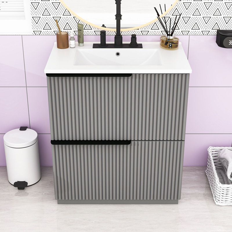 Meuble-lavabo autoportant avec lavabo en céramique et tiroirs à fermeture en douceur, Gris