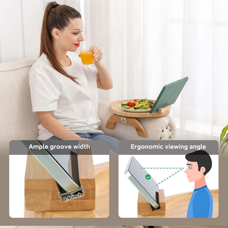 Couch Arm Table,Large Bamboo Sofa Clip On Tray Tables With 360° Phone Holder,Foldable Couch Armrest Table, Folding Snack Eating Drink On Armrest