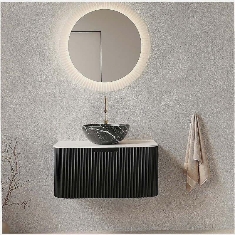 Dina 36" Bathroom Vanity with Sink, Wall-Mounted Floating Curved Edges Striped Bathroom Storage Cabinet with Drawer, Black Bowl Ceramic Basin with Stone Pattern, Pre-assembled, Black Color