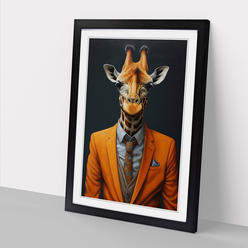 Giraffe In A Suit Painting - Single Picture Frame Print on Wood, Black, 46cm H x 34cm W x 2cm D