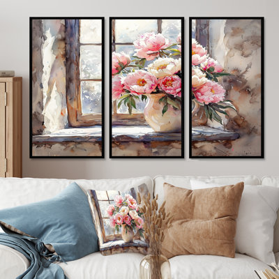 Rustic Romance Peony Bouquet I - Art mural pivoines - 3 panneaux