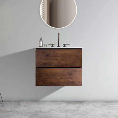 Meuble-lavabo mural en noyer de 24 po avec lavabo en céramique avec trois trous de robinet, grand meuble-lavabo flottant de rangement pour salle de bain moderne, lavabo une pièce sans drain, pré-assemblé