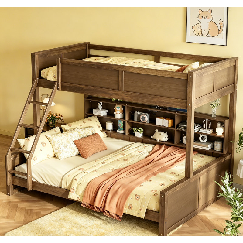 Lit superposé simple au-dessus de grand lit simple avec rangement, ports USB et structure en bois de pin robuste pour des solutions peu encombrantes