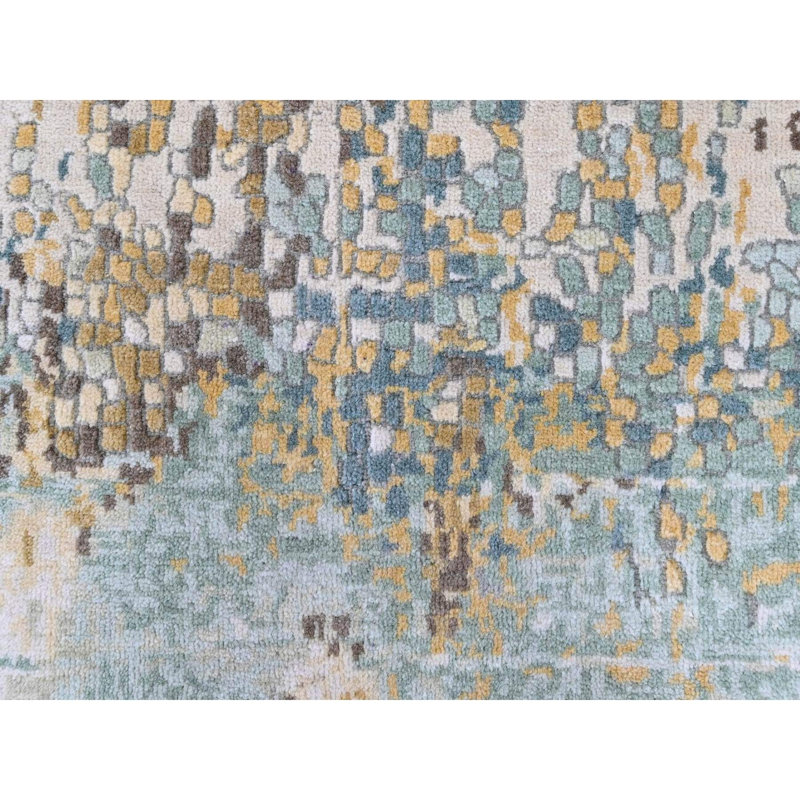 2'x3' Bay Green with Gold, Hand Knotted, Abstract Design, Wool and Silk, Thick and Plush, Mat, Sample, Oriental Rug