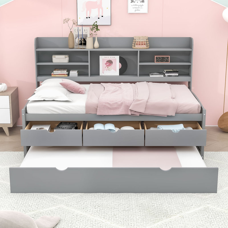 Binnings Twin Size Wood Platform Bed with Shelves and Twin Size Trundle, Light Gray