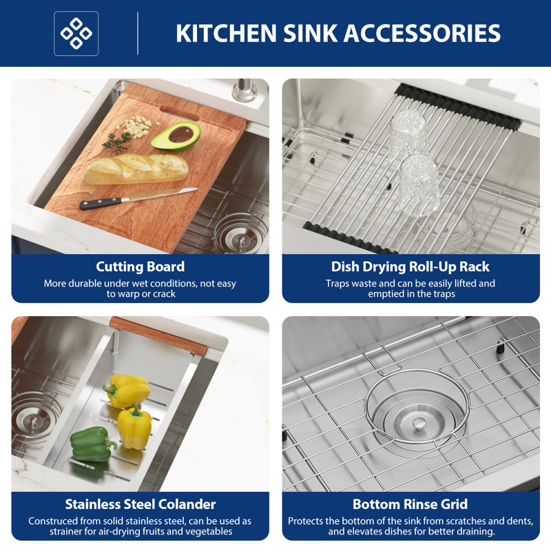 33" L Undermount 60/40 Short Height Divider Double Bowl Workstation Kitchen Sink with Accessories, 10"H X 33"L X 19"W