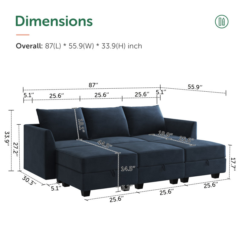 Tremee Modular Sectional Couch for Living Room, Blue Velvet