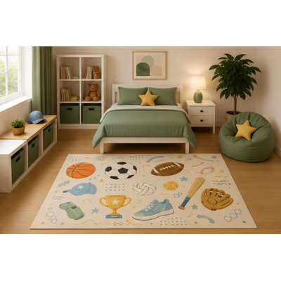 5' x 7' Kids Area Rug All Sports Equipment Rug Soccer Basketball Football Baseball Trophy Whistle Bedroom Playroom Decor Non-Slip Silicone Backing Low Pile