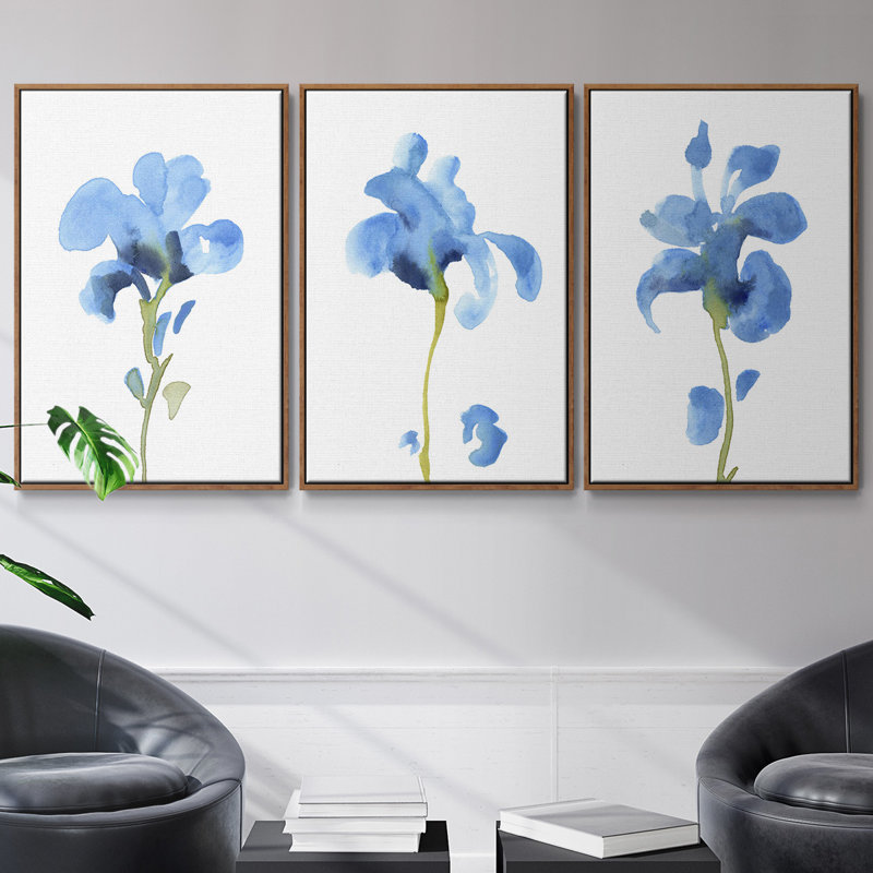 Striking Blue Iris I, ensemble de 3 toiles encadrées, Noyer, H 27 po x l 54 po