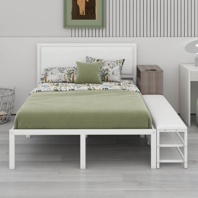 Full Size Metal Platform Bed With Two-Tier Storage Shelves, Wooden Storage Cabinet, Durable Metal Frame With Soft Upholstery Surface