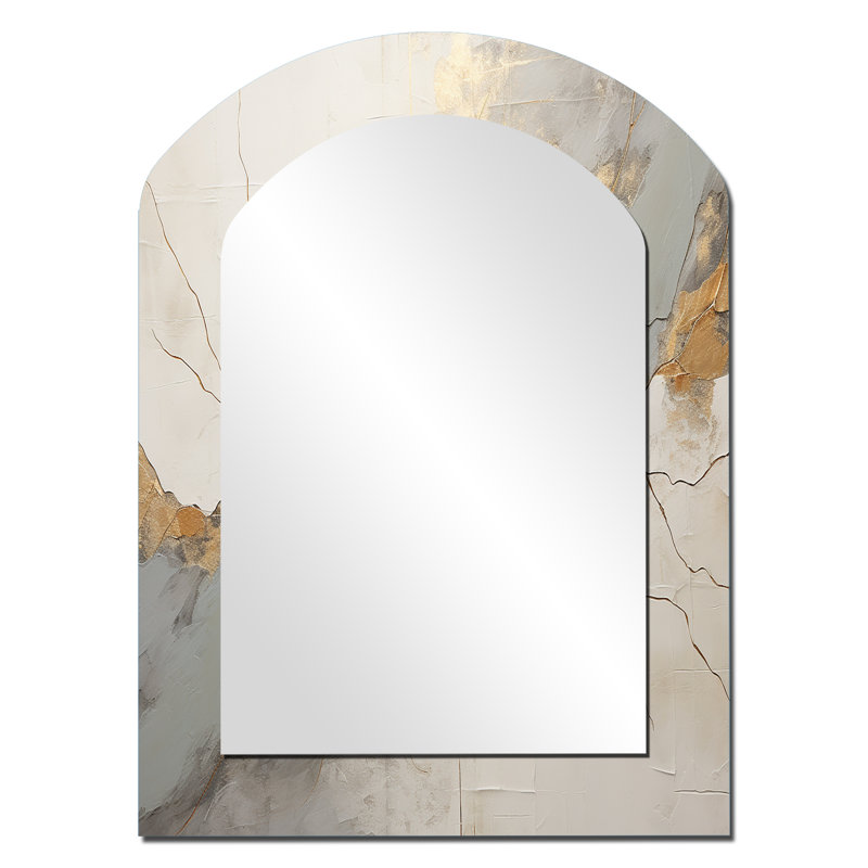 «Beige Gold Minimalisme Poteries I», miroir mural asymétrique décoratif à spirales abstraites, grand miroir en arche beige, impression d'art en métal