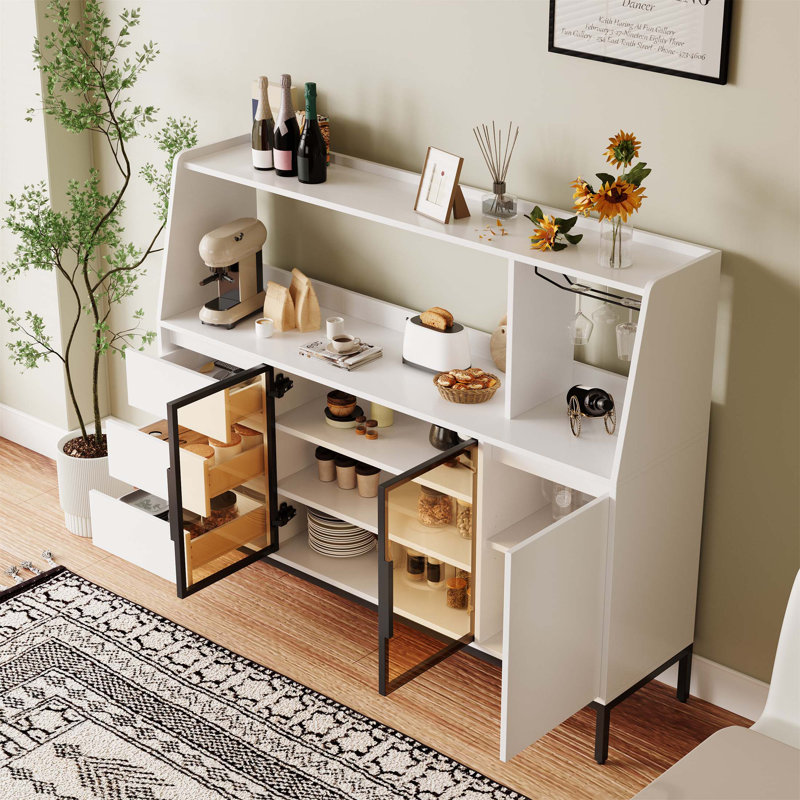 Buffet moderne avec 3 tiroirs et un casier de porte en verre, idéal pour les verres à vin et le rangement de la vaisselle