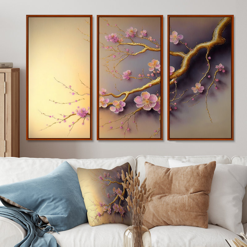 Rose et prune, cerisier en fleurs, branche VII - ensemble d'art mural moderne sur toile, H 32 po x l 48 po x P 1 po