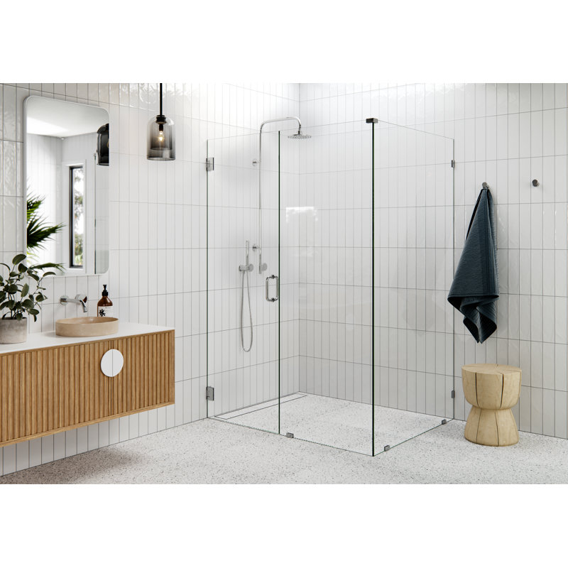 Illume 57 in. x 44.5 in. x 78 in. 90-degree Fully Frameless Wall Hinged Glass Shower Enclosure, Polished Chrome
