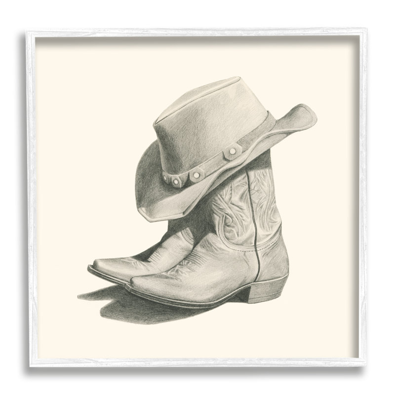 «Cowboy bottes on wood» par Grace Popp, peinture, H 24 po x l 24 po x P 1,5 po, Giclée encadrée blanc bord de mer