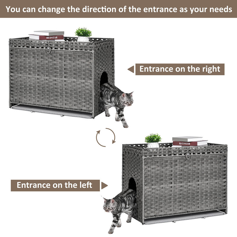 Grey Handwoven Rattan Cat Litter Box Enclosure with Soft Mat