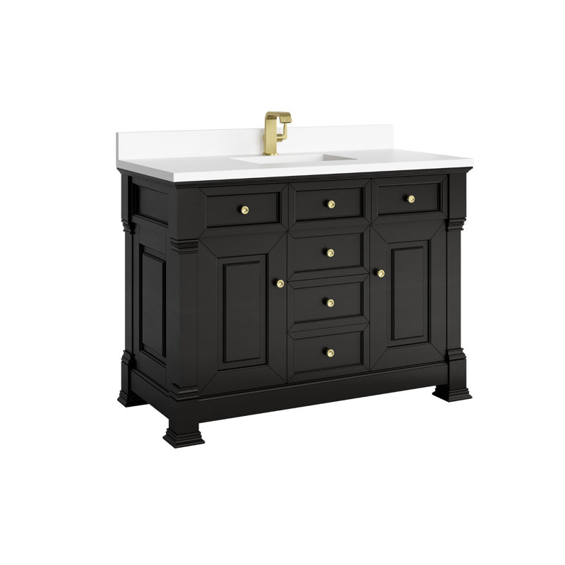 Meuble-lavabo simple 48 po avec plateau Brookfield, Blanc Zeus, Trou simple, Noir onyx