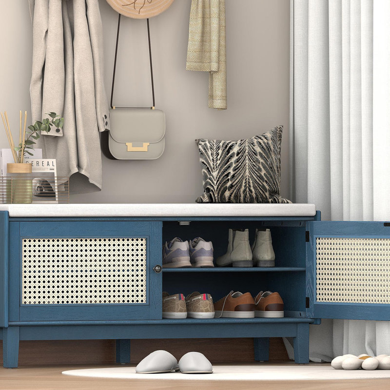 Banc de rangement en rotin avec rangement Boho, Bleu marine antique