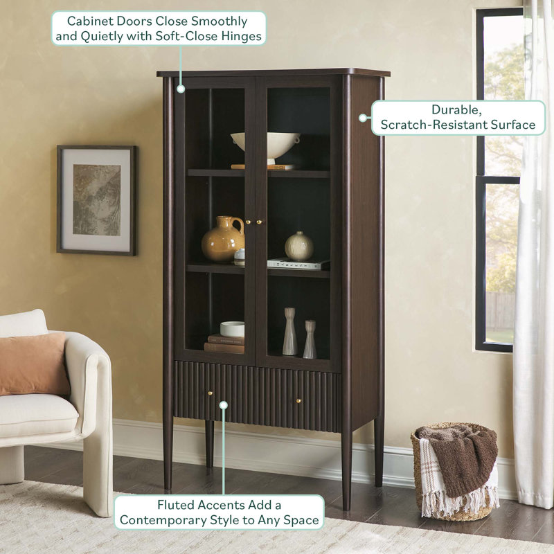 Aleric Modern Fluted Glass Bookshelf Cabinet, Dark Brown Oak
