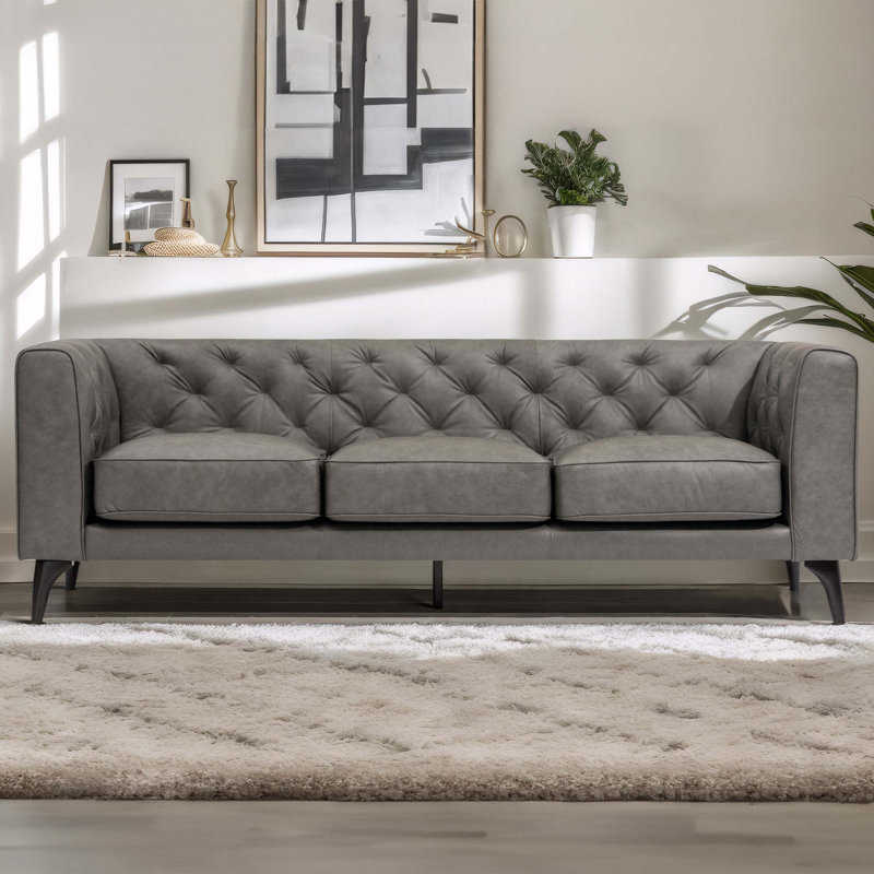 92.52 Inch Genuine Leather Couch 3-Seater Sofa with Tufted Back,Grain Leather Couch with Feather, Graphite