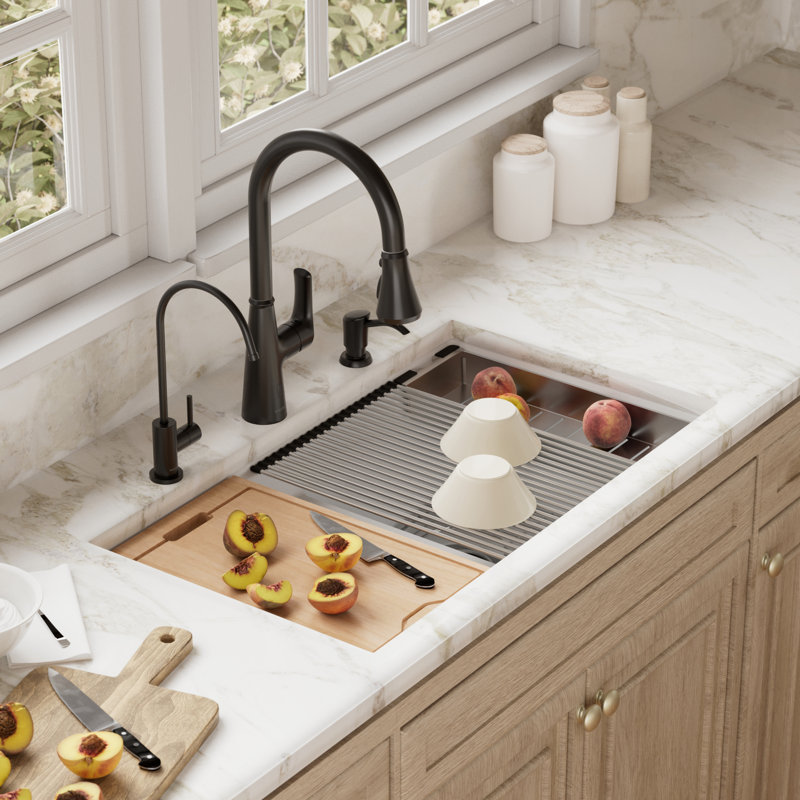 Quartz Undermount Sinks 32.5'' L Double Bowl Kitchen Sink, White