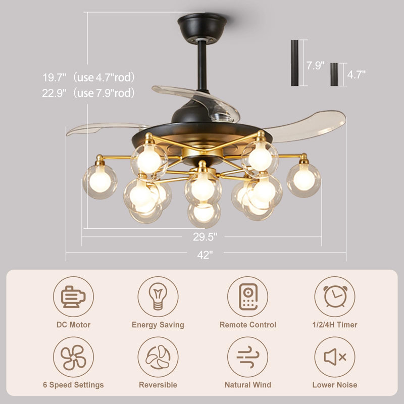 Ventilateur de plafond de 48 po avec lumières et télécommande, ventilateur de plafond à pales rétractables noires et dorées, 12 lumières de style Mid-Century moderne Spoutnik avec abat-jour en verre double, minuterie
