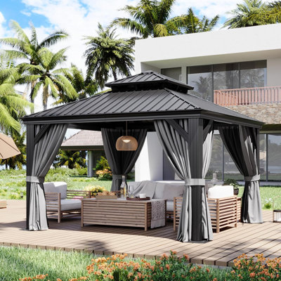 Aoxun 12' X 12' Hardtop Gazebo with Drainage System, Aluminum Outdoor Gazebo with Galvanized Steel Double Roof, Patio Permanent Metal Pavilion with Netting, for Garden, Deck, Backyard, Grey