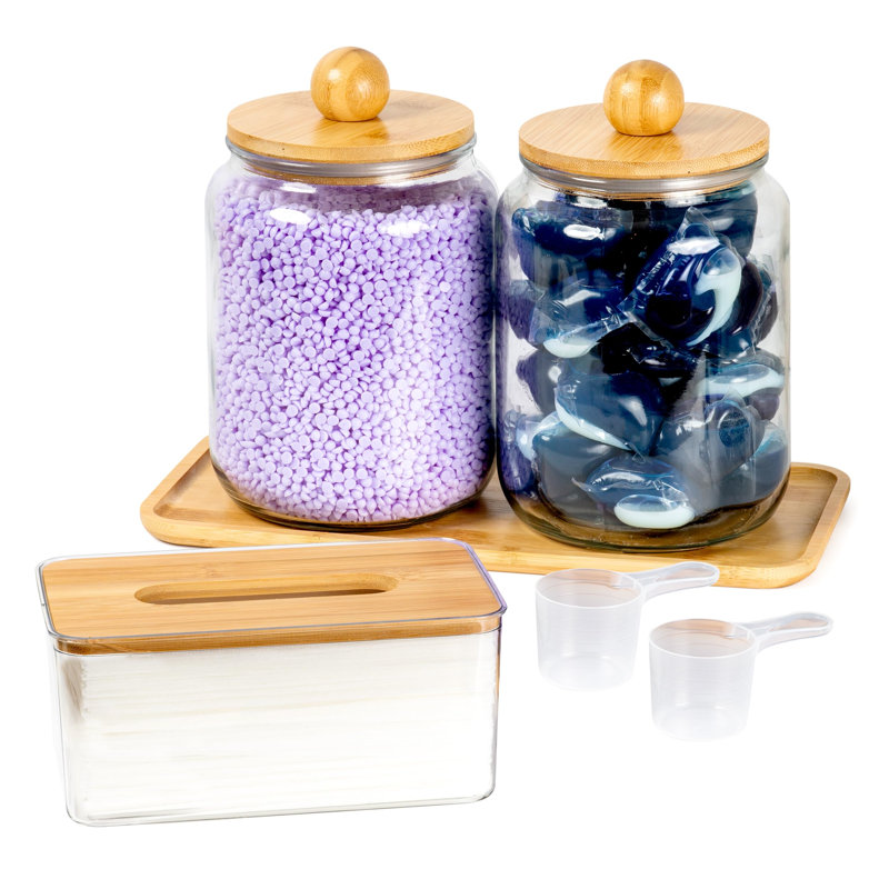 Kitchen & Laundry Room Organization Containers With Dryer Sheet Holder,Bamboo Tray(Clear)