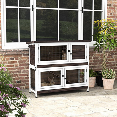 Maison d'extérieur pour 2 lapins, cage en bois de 46 po avec plateaux doubles, rampe, toit en asphalte pour 1 à 2 lapins, technique d'installation simple, brun, méthode d'installation sans 1 - 2,
