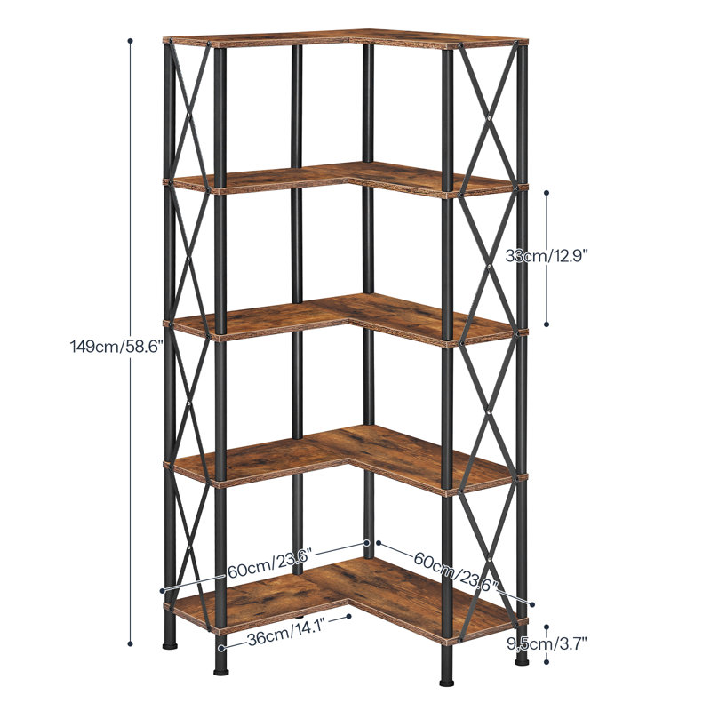 Corner Bookshelf, 5-Tier L-Shaped Bookcase, Industrial Open Display Shelf Tall Storage Organizer