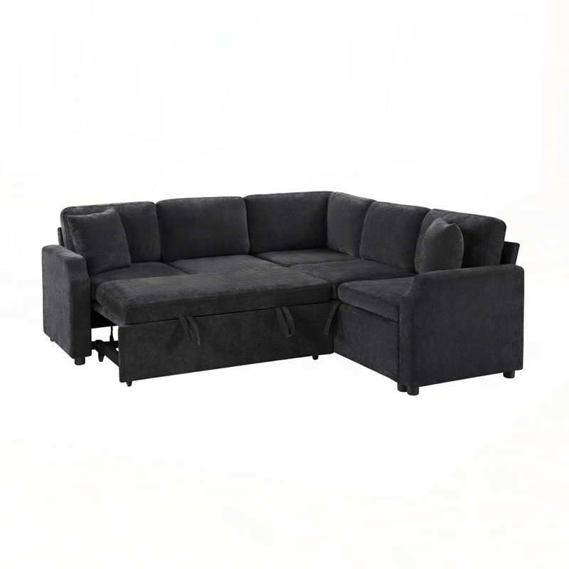 L-shaped Sectional Sofa Bed with Pull-Out Sleeper and Hidden Storage for Living Rooms, Black Chenille