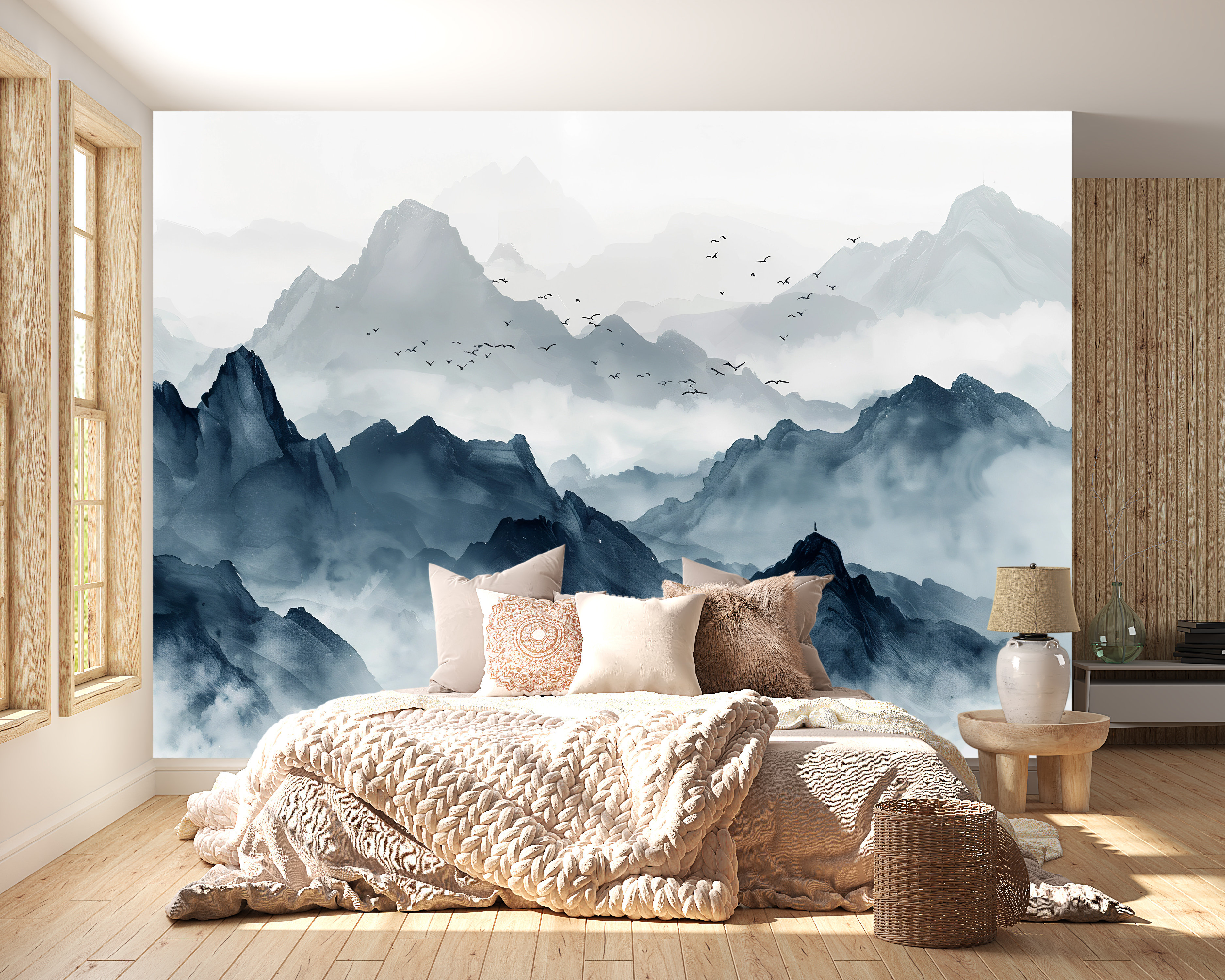Loon Peak® Blue Mountain Wall Mural, Misty Landscape Wallpaper ...