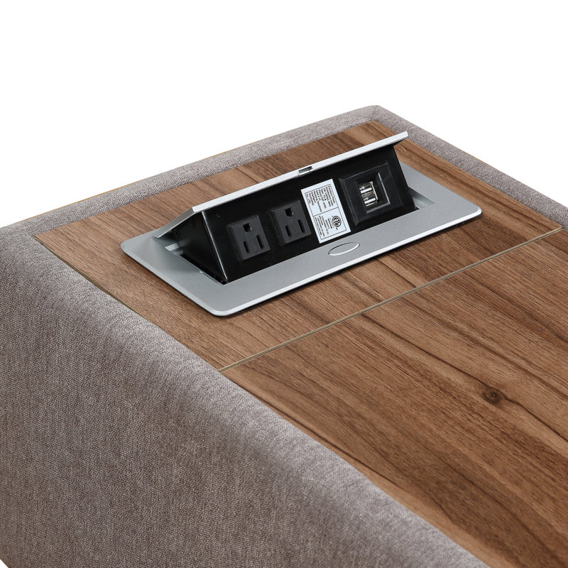 Madison Light Gray Upholstered Storage Ottoman Console Table with Wooden Top, 2 USB Ports, 2 AC Charging Ports