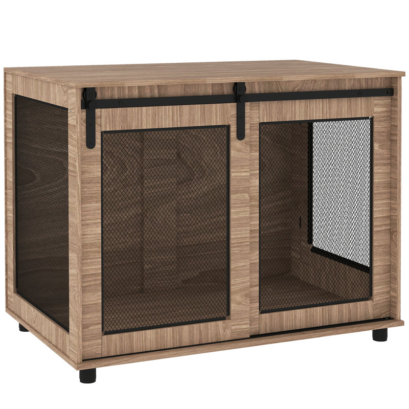 39" Dog Crate Furniture, Dog Kennel Furniture End Table with Sliding Barn Door, Furniture Style Dog Crate for Large Dogs, Walnut Brown