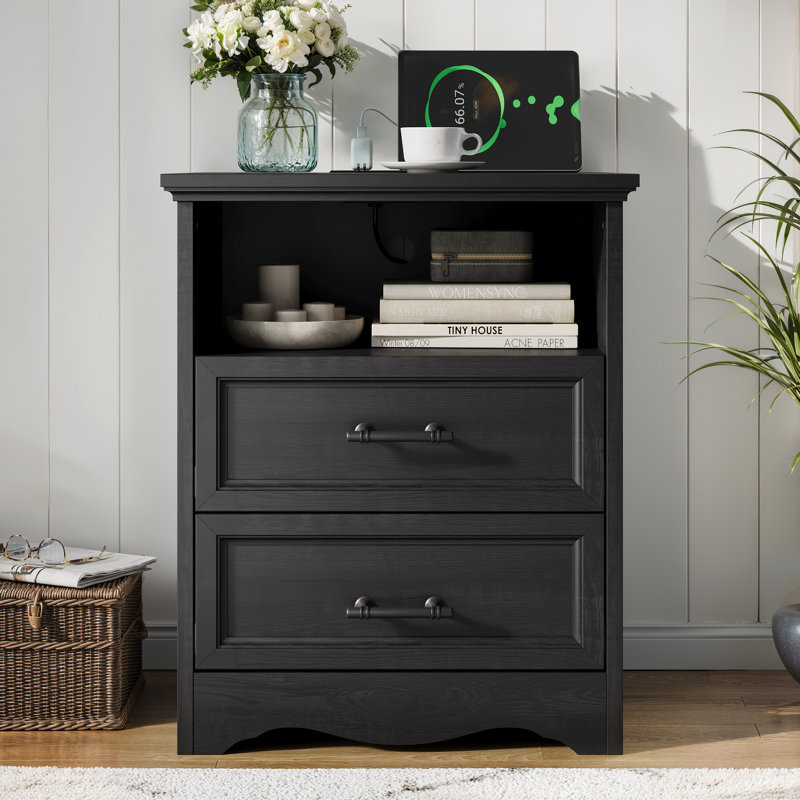 Nightstand with Charging Station, 23.6" Farmhouse End Table with 2 Drawers and Unique Base Design, for Bedroom Living Room, White