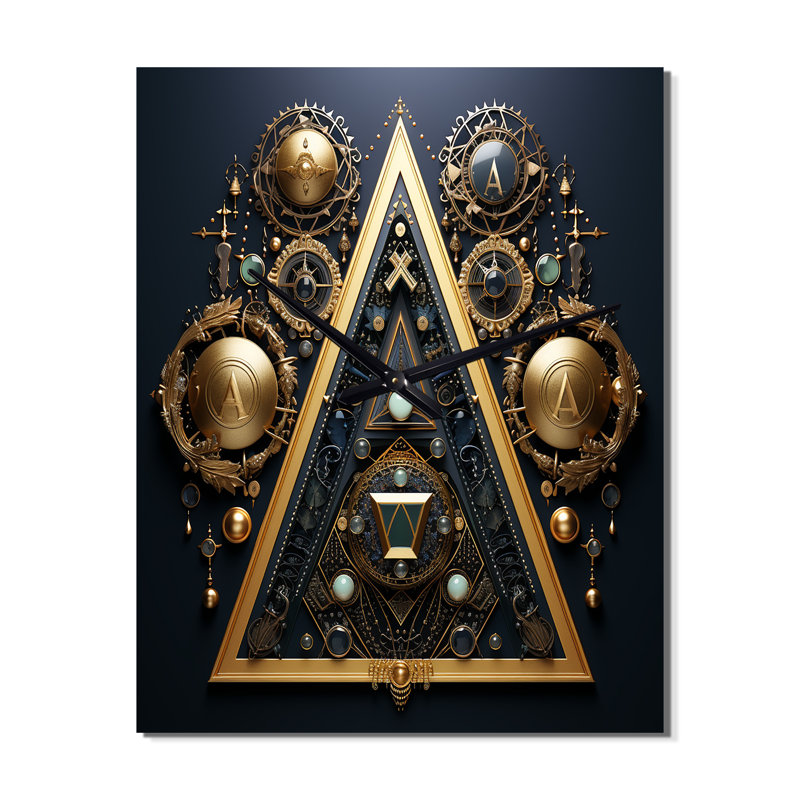 Ancient Compass Geometric In Gold And Blue V - Modern Geometric Very Large Wall Clocks, 28" H x 12" W x 1" D