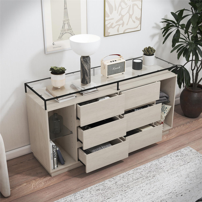 Devon 6-Drawer Dresser with LED Lights and Glass Top, Eden Ash