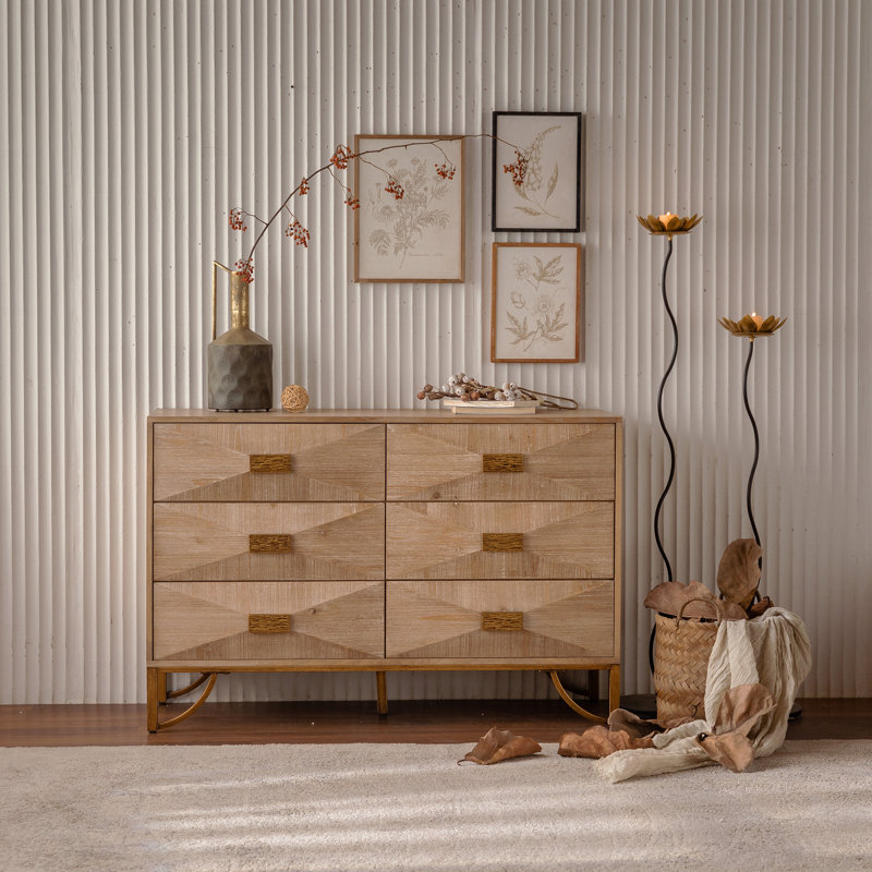 Console moderne 47,24 ", commode 6 tiroirs en bois clair avec pieds en métal doré, commode à relief géométrique, buffet
